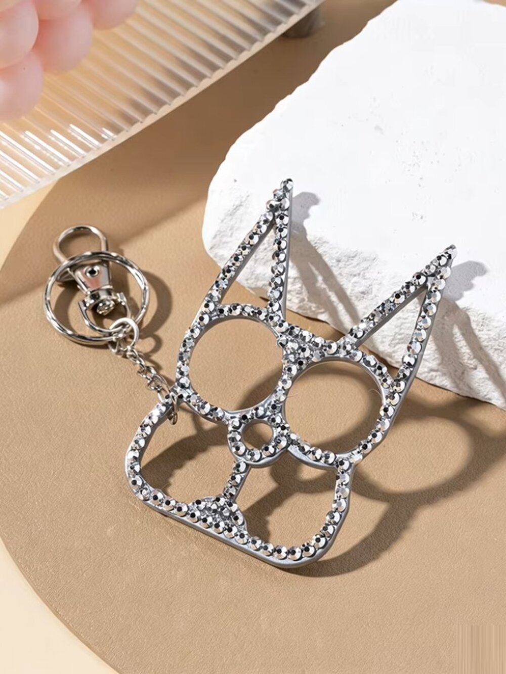 Silver Rhinestone Kitty Cat Ear Self Defense Keychain Bottle Opener🔑🐱